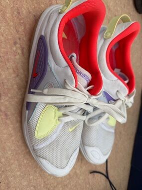 Nike mens White Sneakers with Neon Pink, Lavender & Pale Yellow Accents